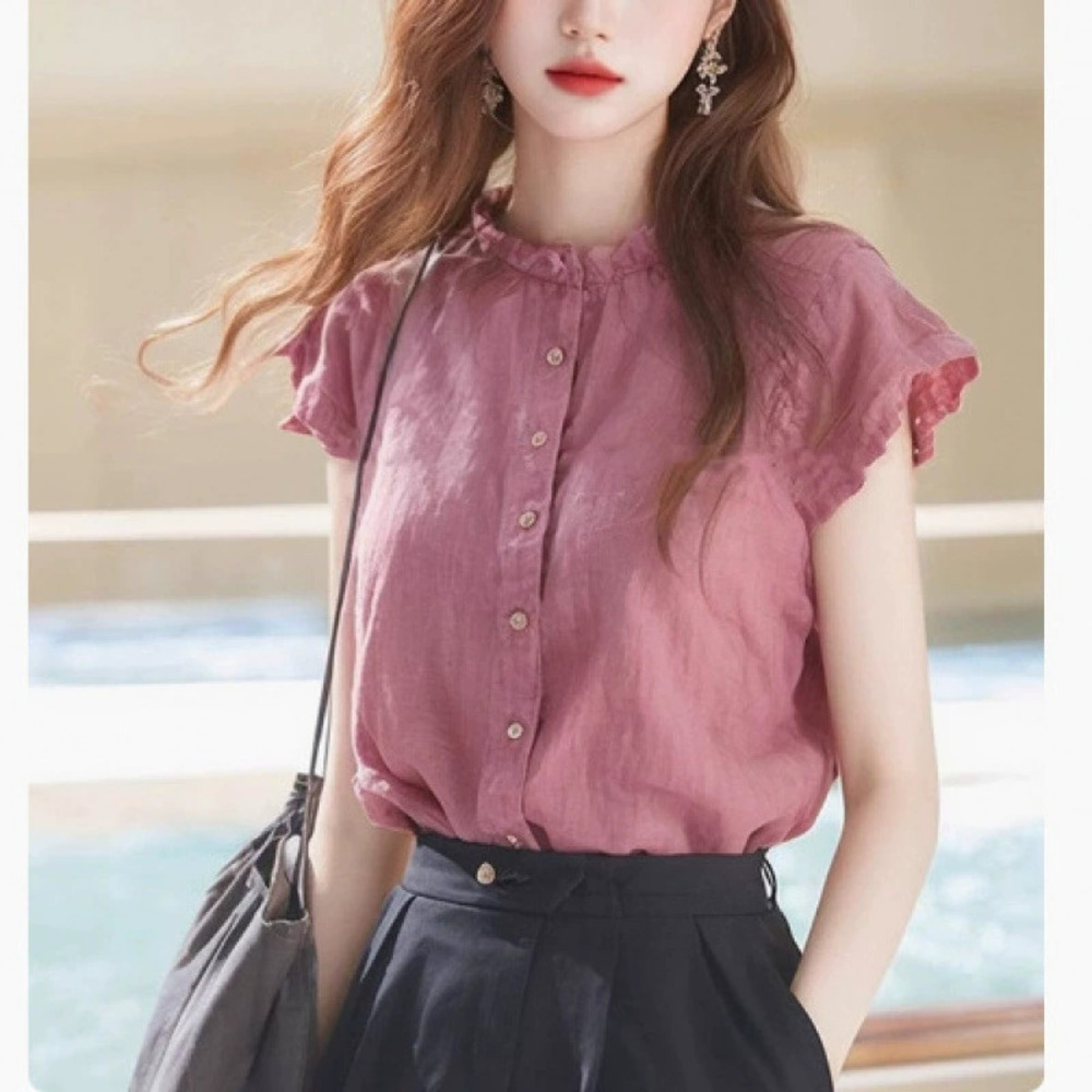 ZARA Womens Summer Ruffled Stand Collar Flutter Sleeve Blouse Unique Chic Top